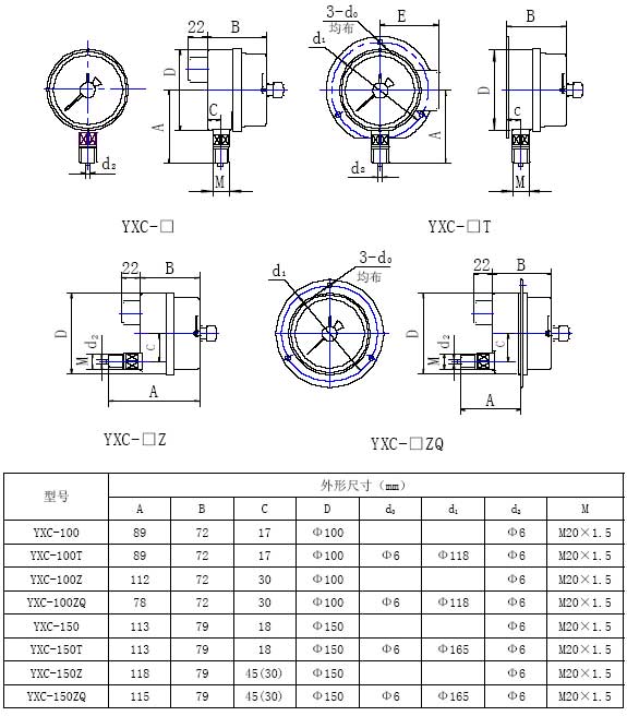 YXC磁助式電接點(diǎn)壓力表外形尺寸